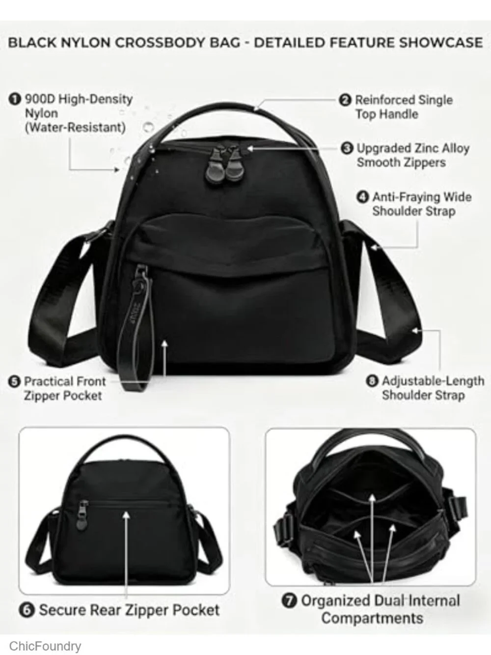 Nylon Crossbody Bag for Women, Adjustable Strap, Travel Purse with Pockets